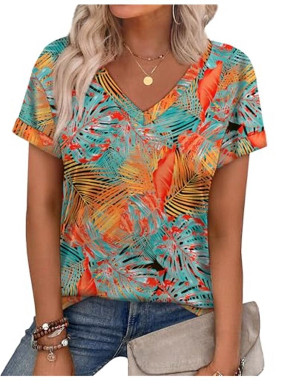 Womens V Neck Tunic Top Short Sleeve Casual Loose Blouse Summer Shirt
